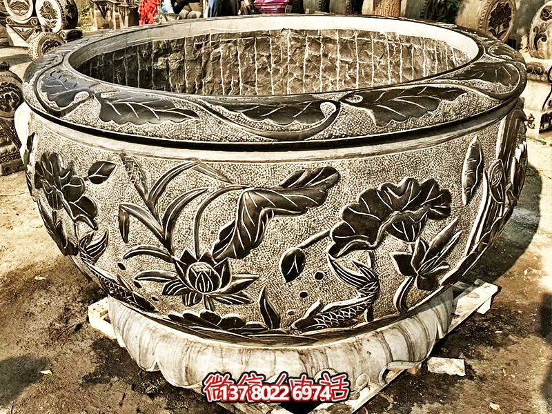 精美大理石浮雕蓮花缸，現(xiàn)代庭院裝飾雕塑