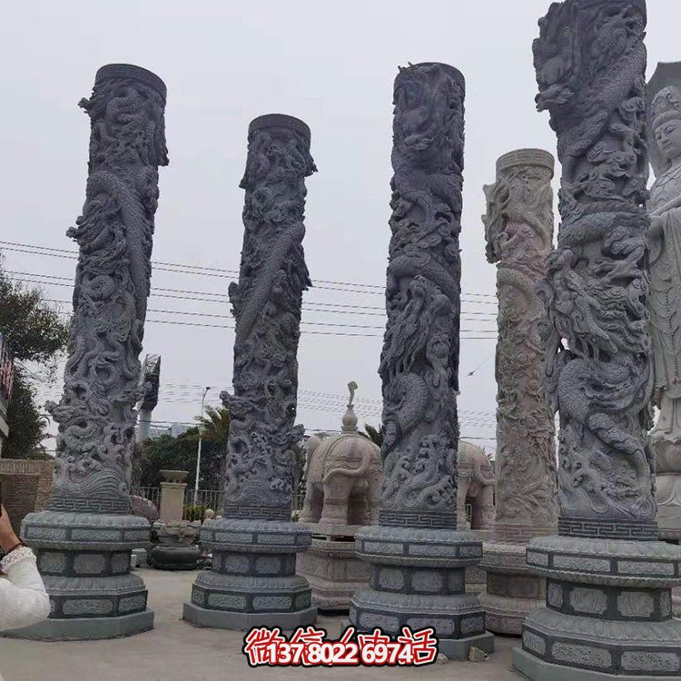 青石浮雕龍柱，精美石雕園林景觀裝飾