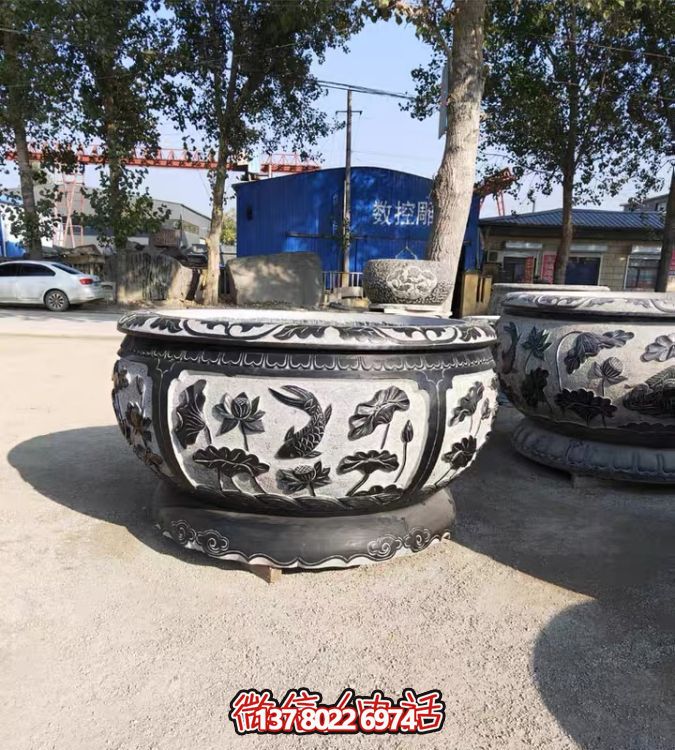 古典仿古石雕魚缸，添點家園庭院荷花水景