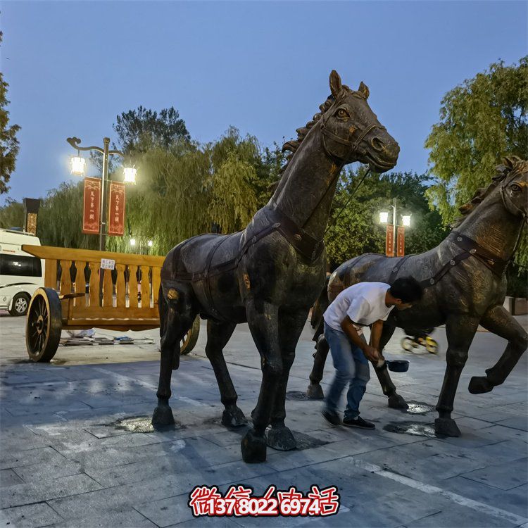 仿古銅中式馬拉車玻璃鋼景觀雕塑，非凡戶外擺放裝飾