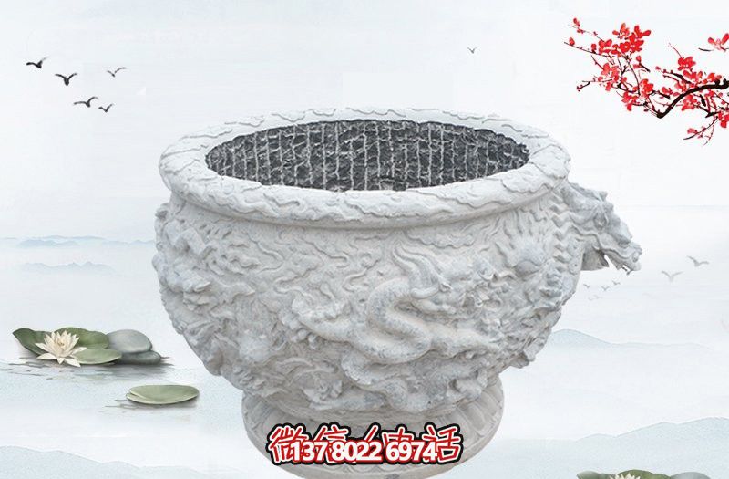 漢白玉石雕龍浮雕水缸雕塑，為庭院增添優(yōu)雅氣息