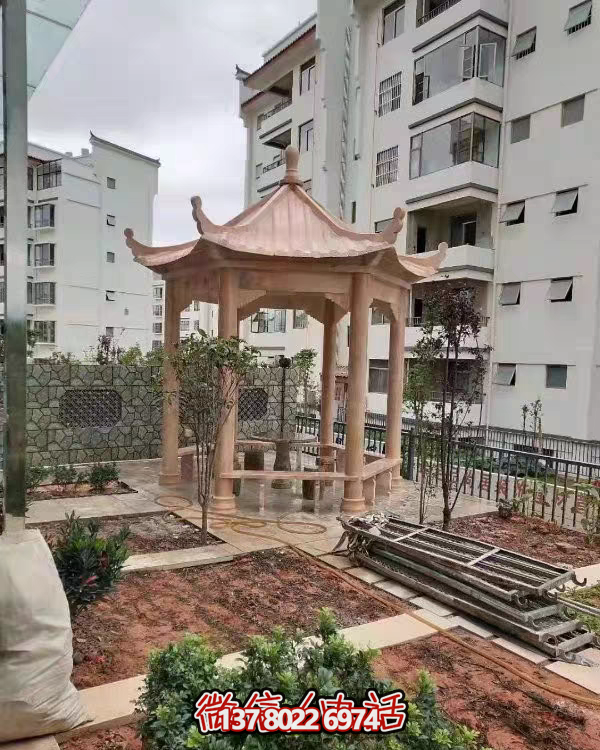 晚霞色石雕大理石涼亭，點(diǎn)綴園林美景