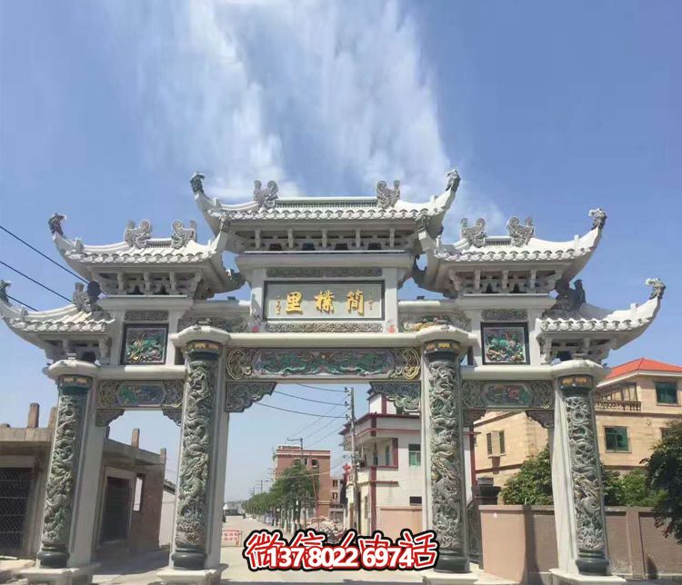村莊大型噴漆三門五樓牌坊石雕 村莊大型噴漆三門五樓牌坊石雕