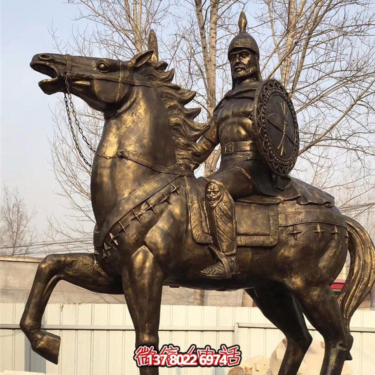 西方古代的騎馬士兵銅雕，手持盾牌騎馬身上的西方戰(zhàn)士