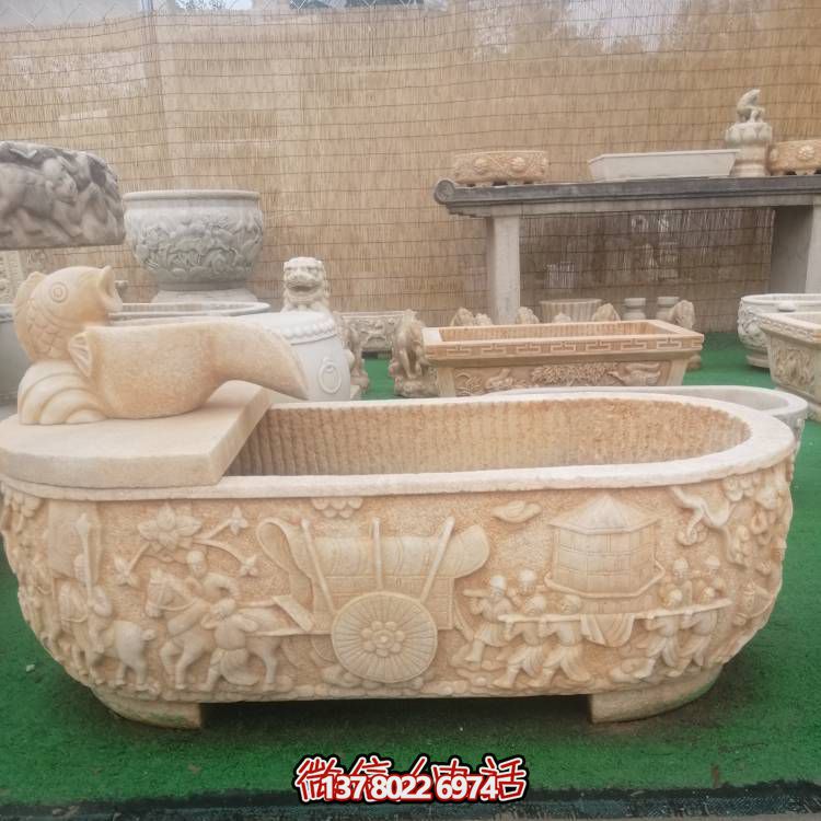 庭院室外擺放漢白玉雕刻仿古養(yǎng)魚(yú)石頭花盆